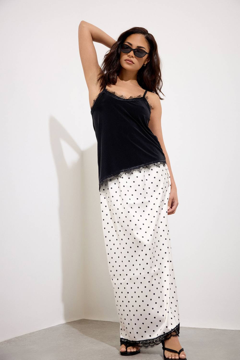 Pixiegirl Petite Lace Trim Asymmetric Vest Top In Black