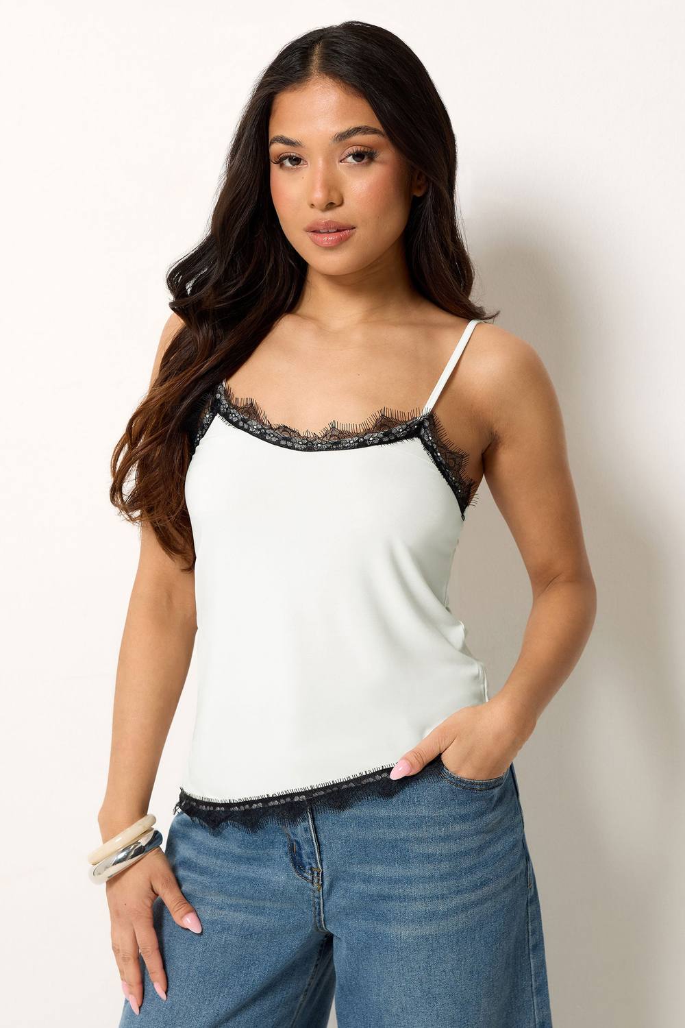 Pixiegirl Petite Lace Trim Asymmetric Vest Top In Ivory
