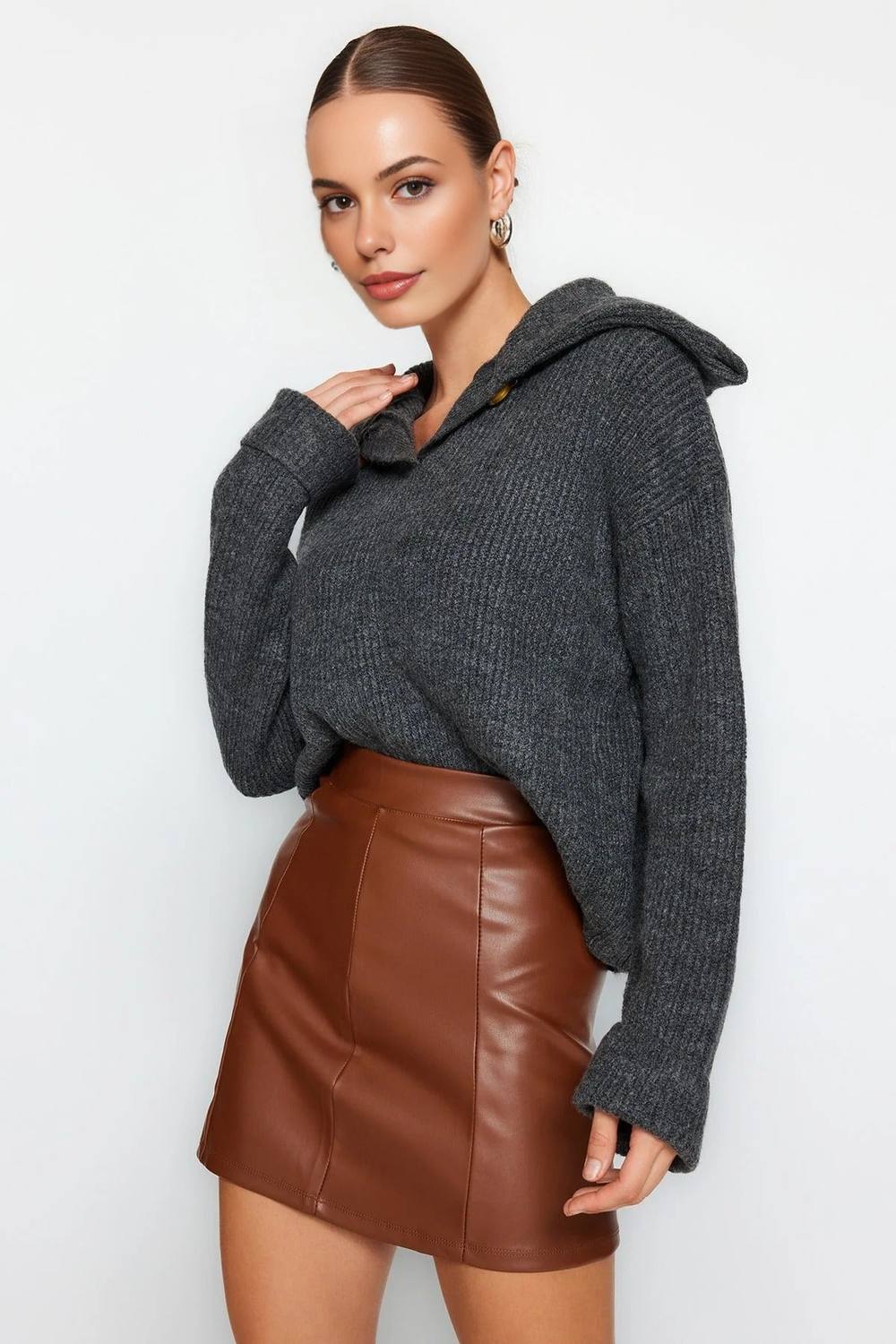 Wovcor High Waist Faux Leather Mini Skirt In Brown