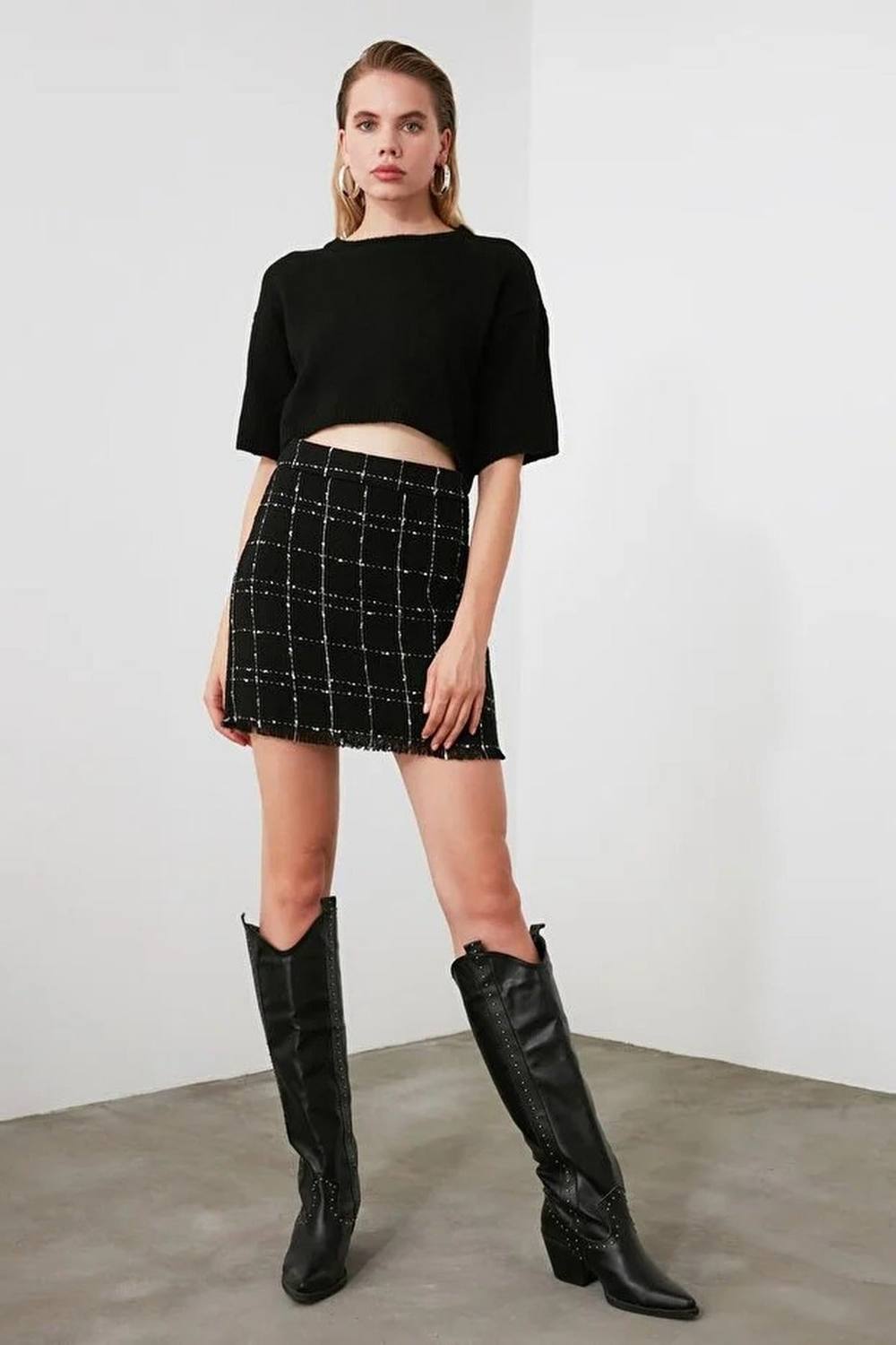 Wovcor Tweed Check Mini Skirt With Tassel Hem In Black