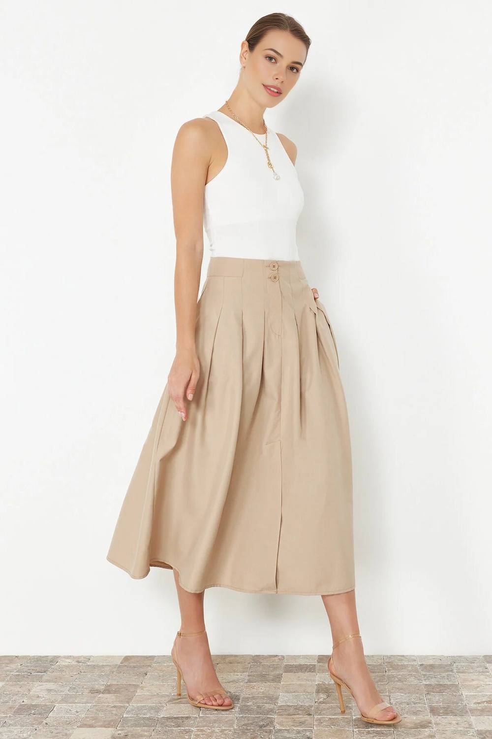 Wovcor High Waist Pleated Midi Skirt With Button Detail In Beige