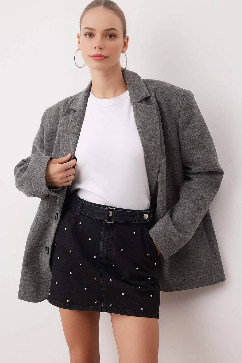 Wovcor Mini Denim Skirt With Accessory Detail In Black