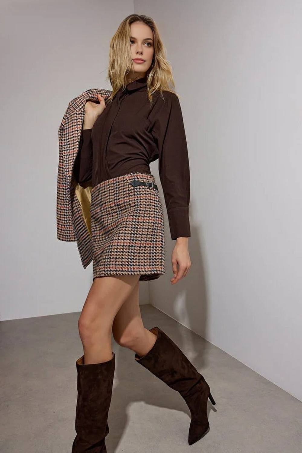 Wovcor Houndstooth Mini Wrap Skirt With Buckle Detail