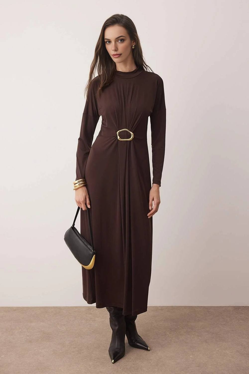 Wovcor High Neck Stretch Knit Midi Dress With Buckle Detail In Brown