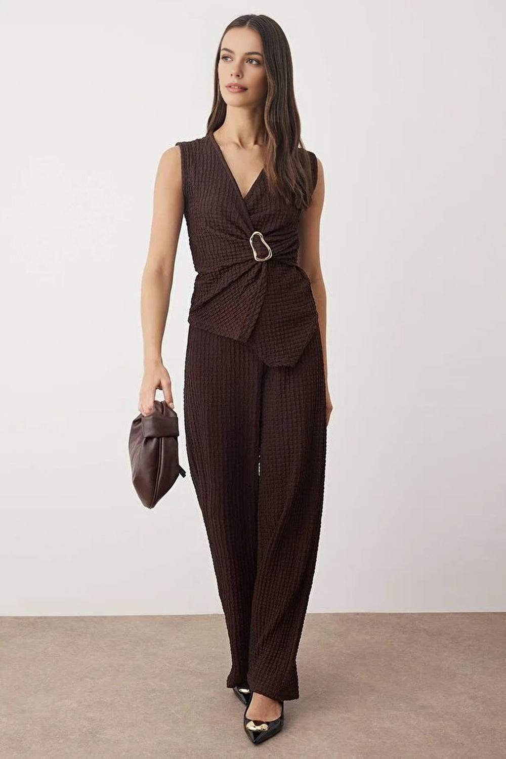 Wovcor -Piece Textured Wrap Top And Wide Leg Knit Set With Buckle Detail In Brown