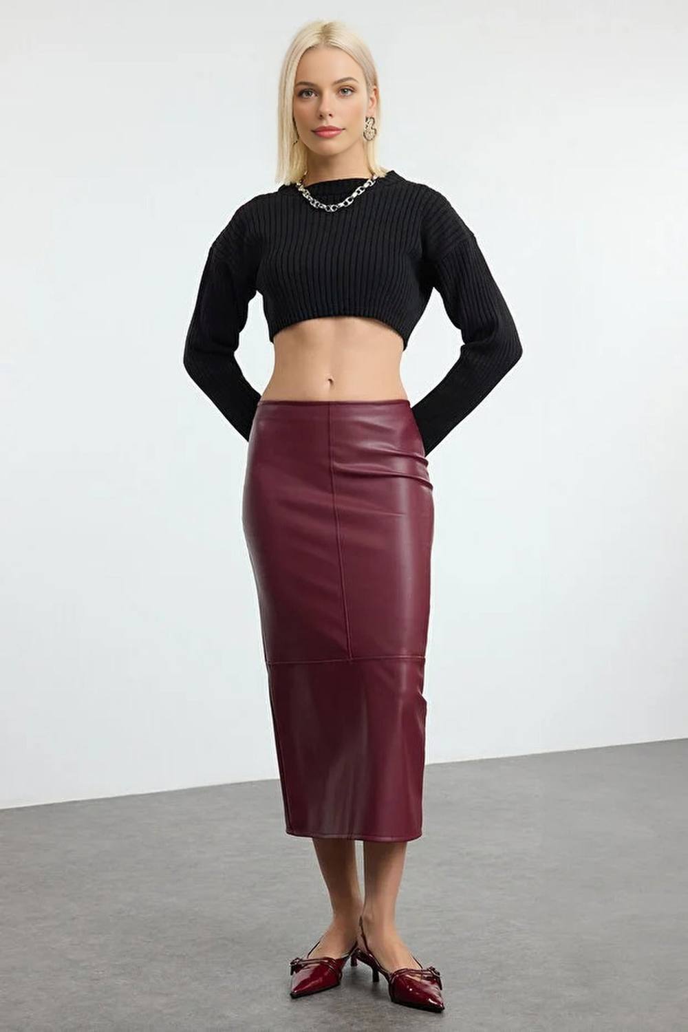 Wovcor High Waist Faux Leather Pencil Midi Skirt With Slit In Burgundy