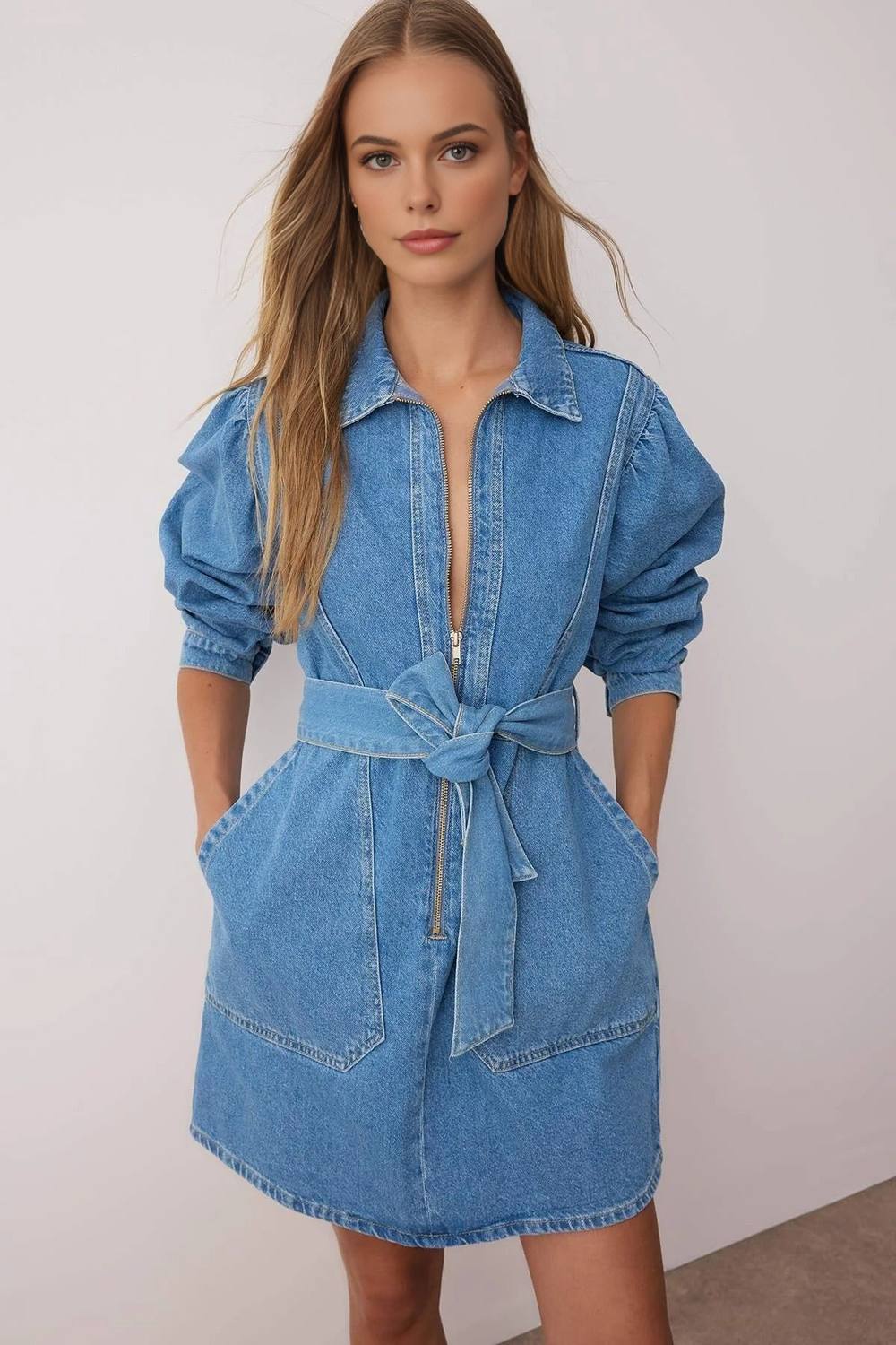 Wovcor Belted Mini Denim Dress With Zip Front And Pocket Detail In Blue