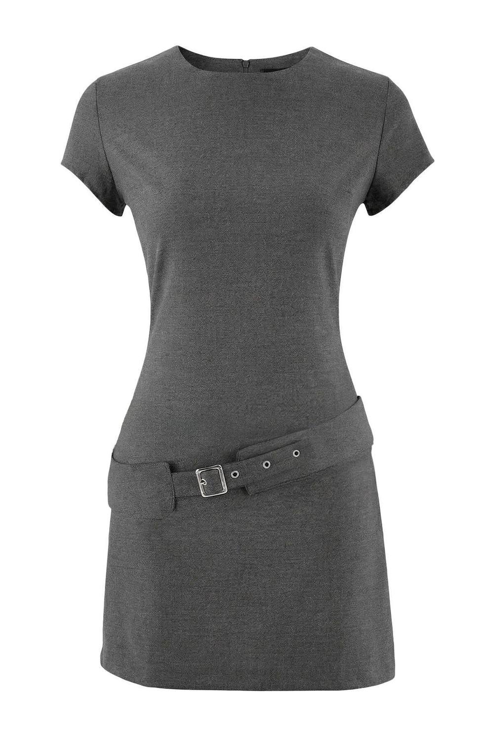 Wovcor Buckle Belt Drop Waist Short Sleeve Woven Mini Dress In Dark Grey