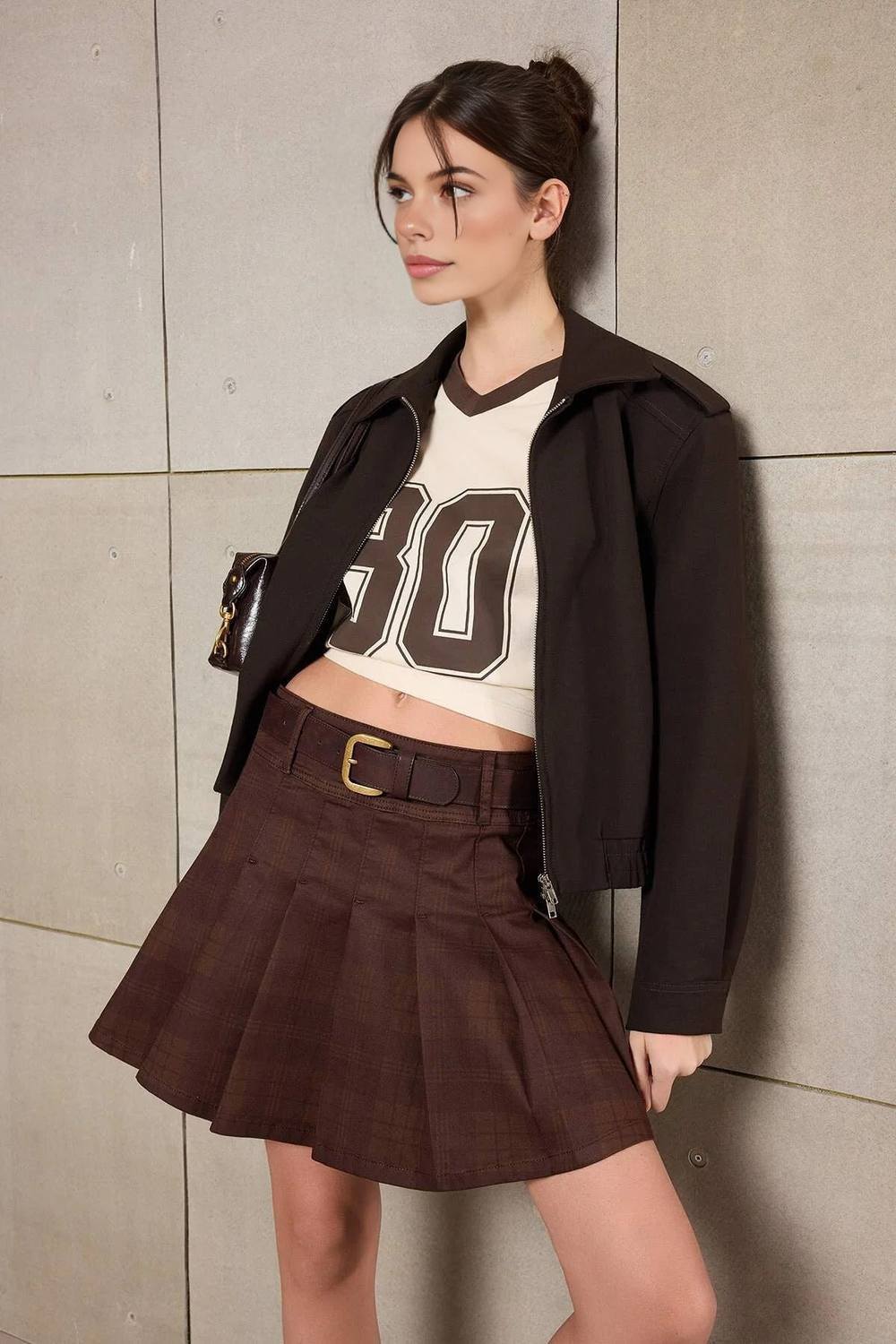 Wovcor Check Pleated High Waist Mini Skirt In Brown