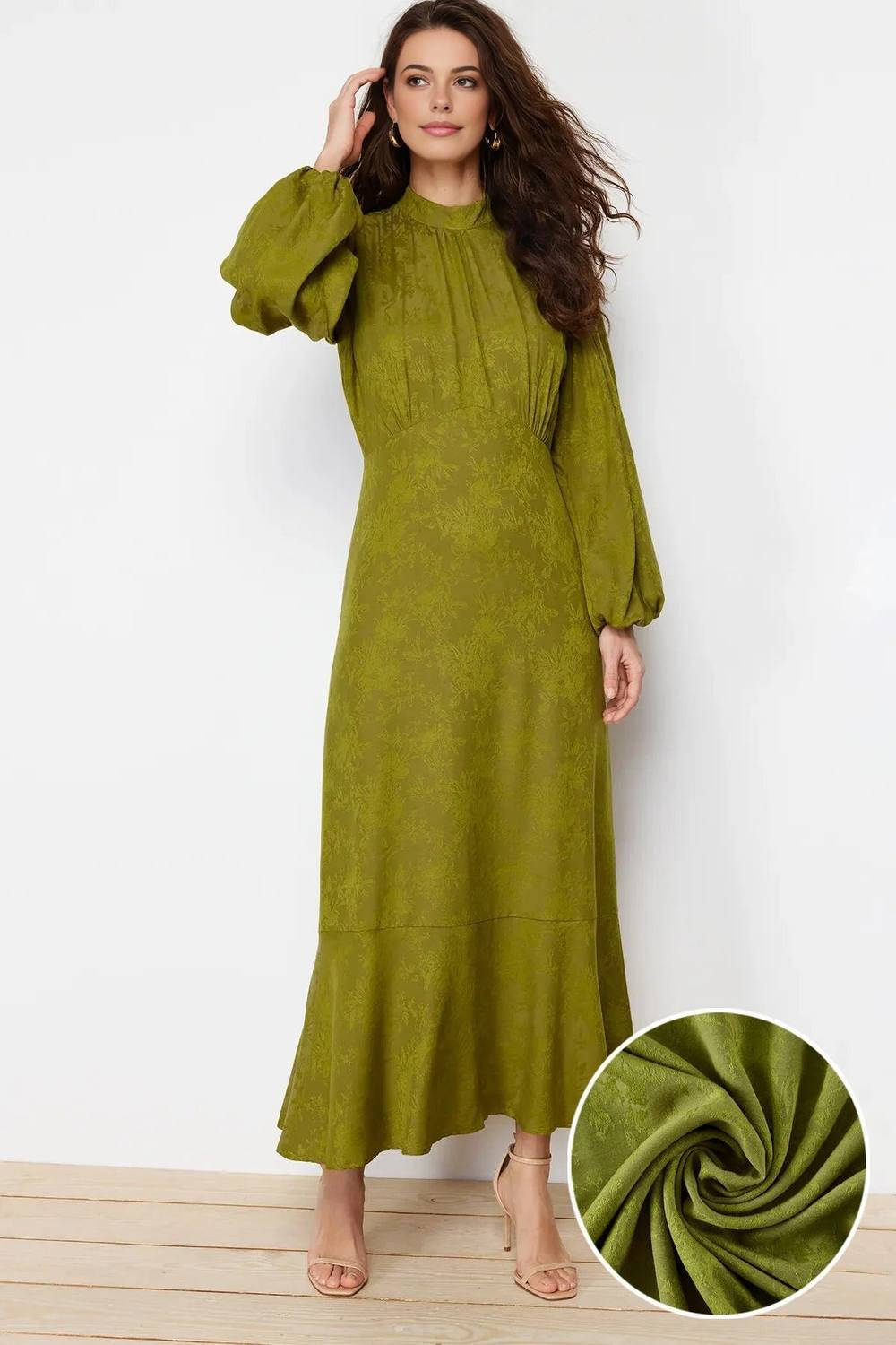 Wovcor High Neck Pleated Detail Maxi Dress With Balloon Sleeves In Khaki