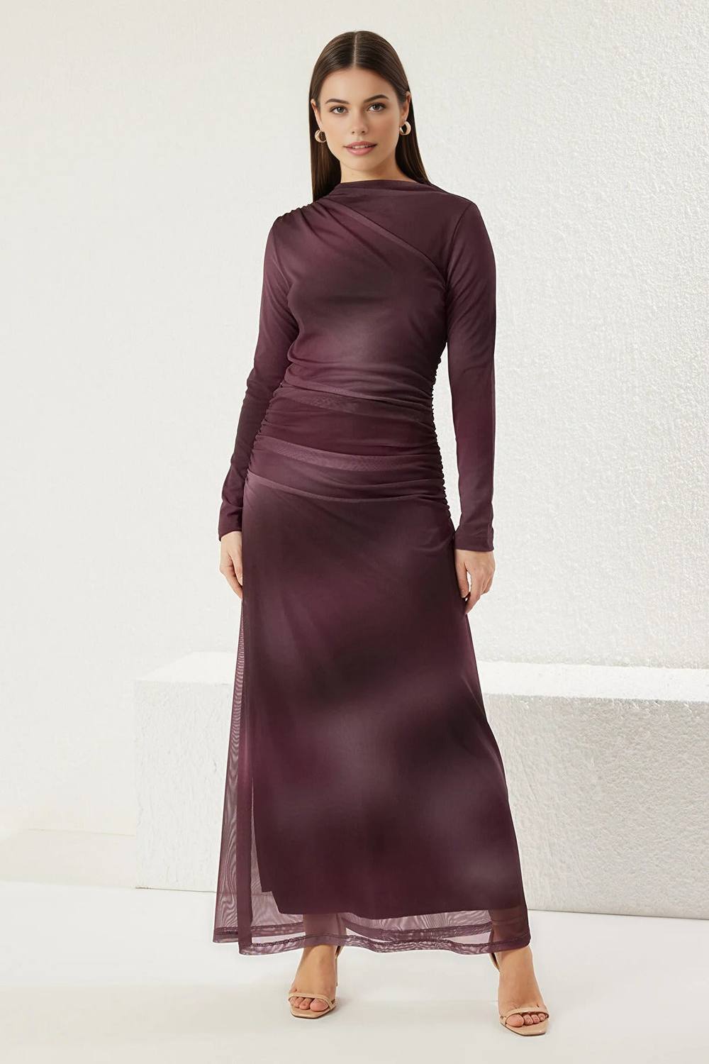 Wovcor Ruched Mesh Long Sleeve Maxi Dress In Purple
