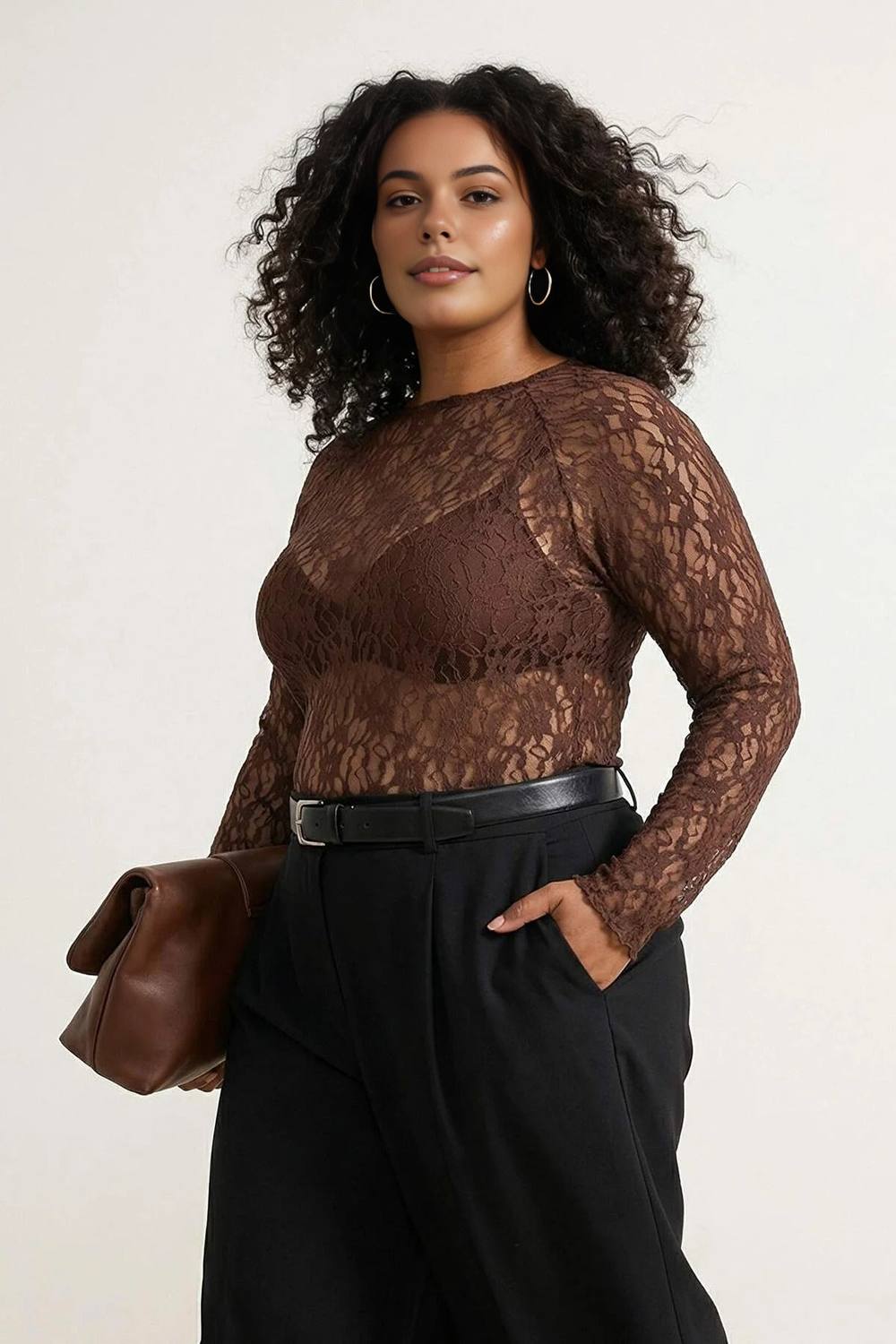 Wovcor Sheer Lace Long Sleeve Fitted Top In Brown