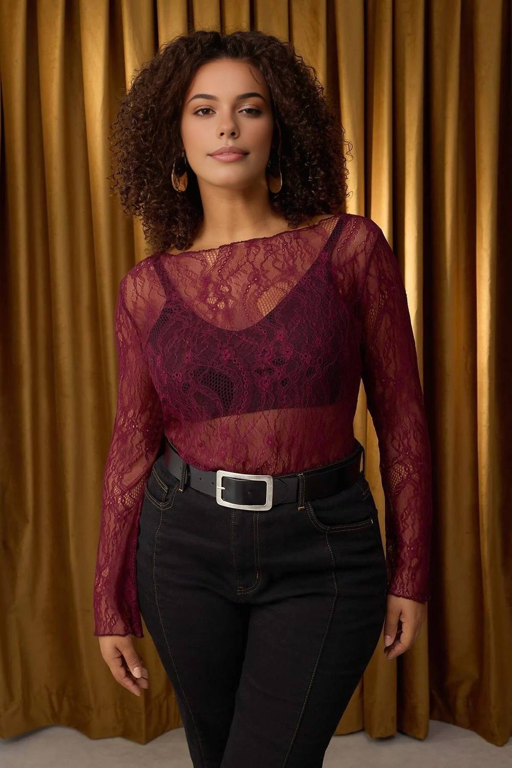 Wovcor Sheer Lace Long Sleeve Top In Burgundy
