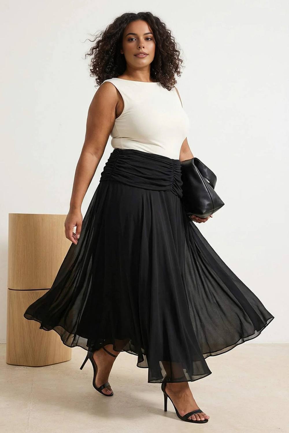 Wovcor High Waist Pleated Midaxi Skirt With Flowing Chiffon Effect In Black