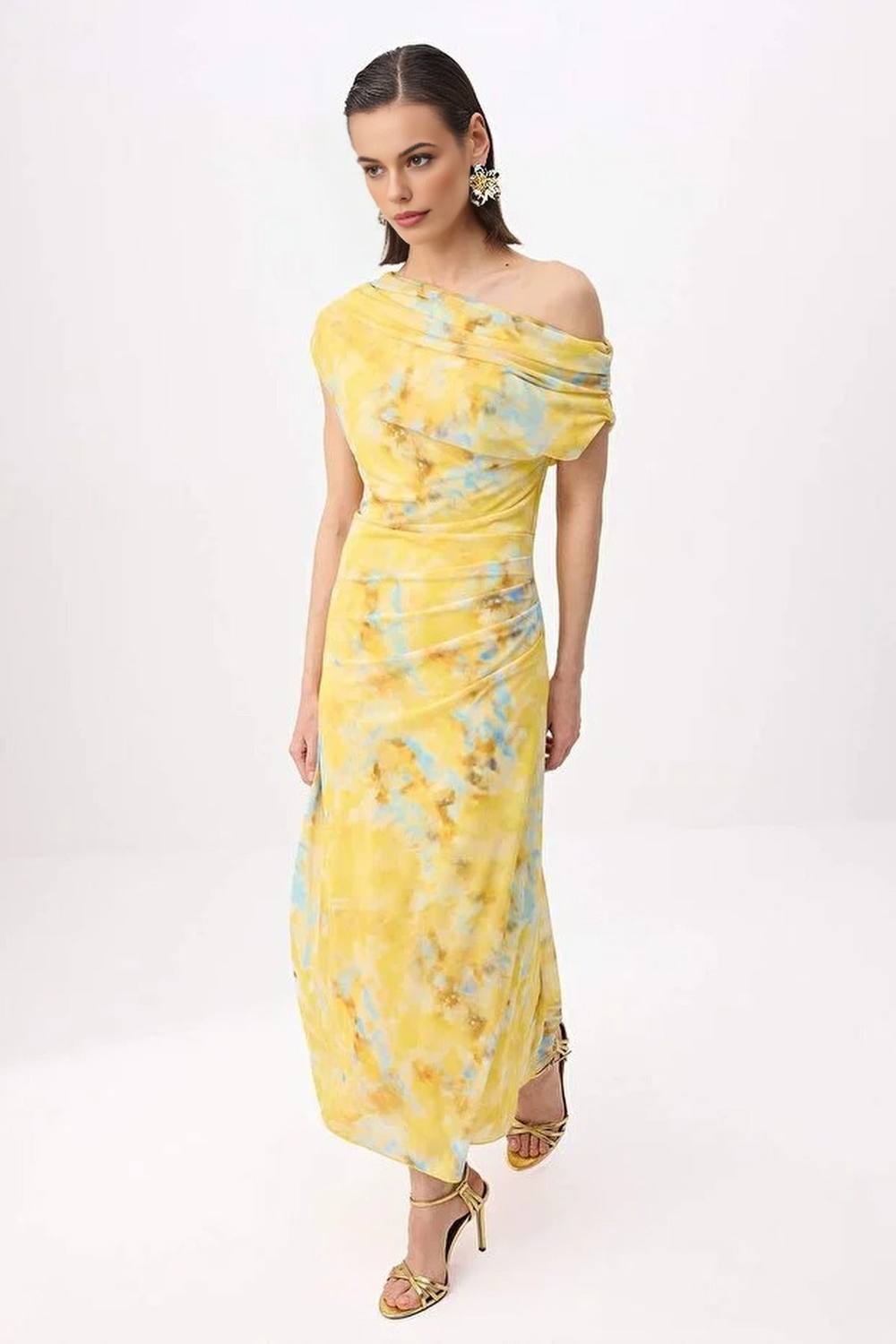 Wovcor Floral Printed One Shoulder Draped Maxi Dress With Bodycon Fit