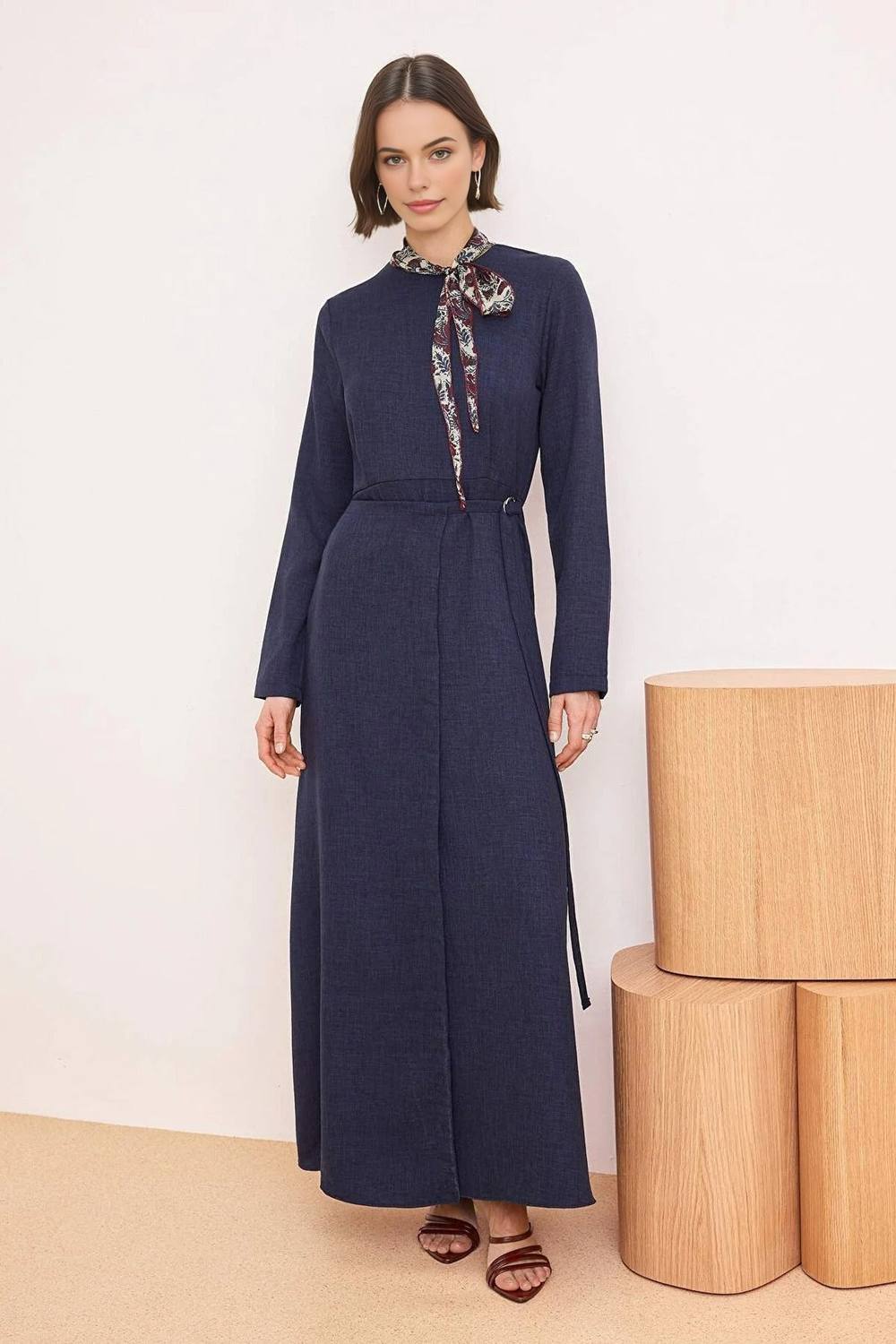 Wovcor Tie Neck Maxi Dress With Linen Look Texture In Navy