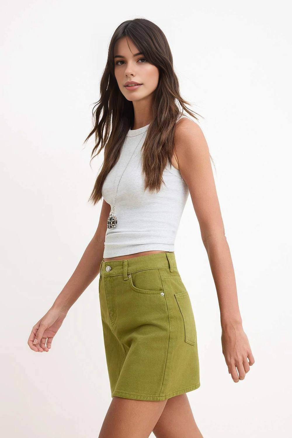 Wovcor Mini Denim Skirt With Clean Cut And Structured Fit Design In Light Khaki