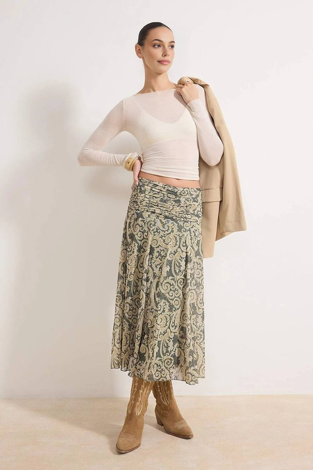 Wovcor Paisley Print Gathered Midi Skirt With Flowy Lightweight Fit