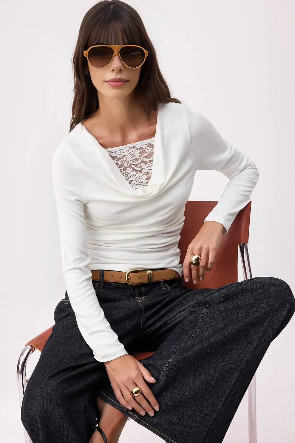 Wovcor Lace Detail Draped Long Sleeve Stretch Knit Top In Ecru