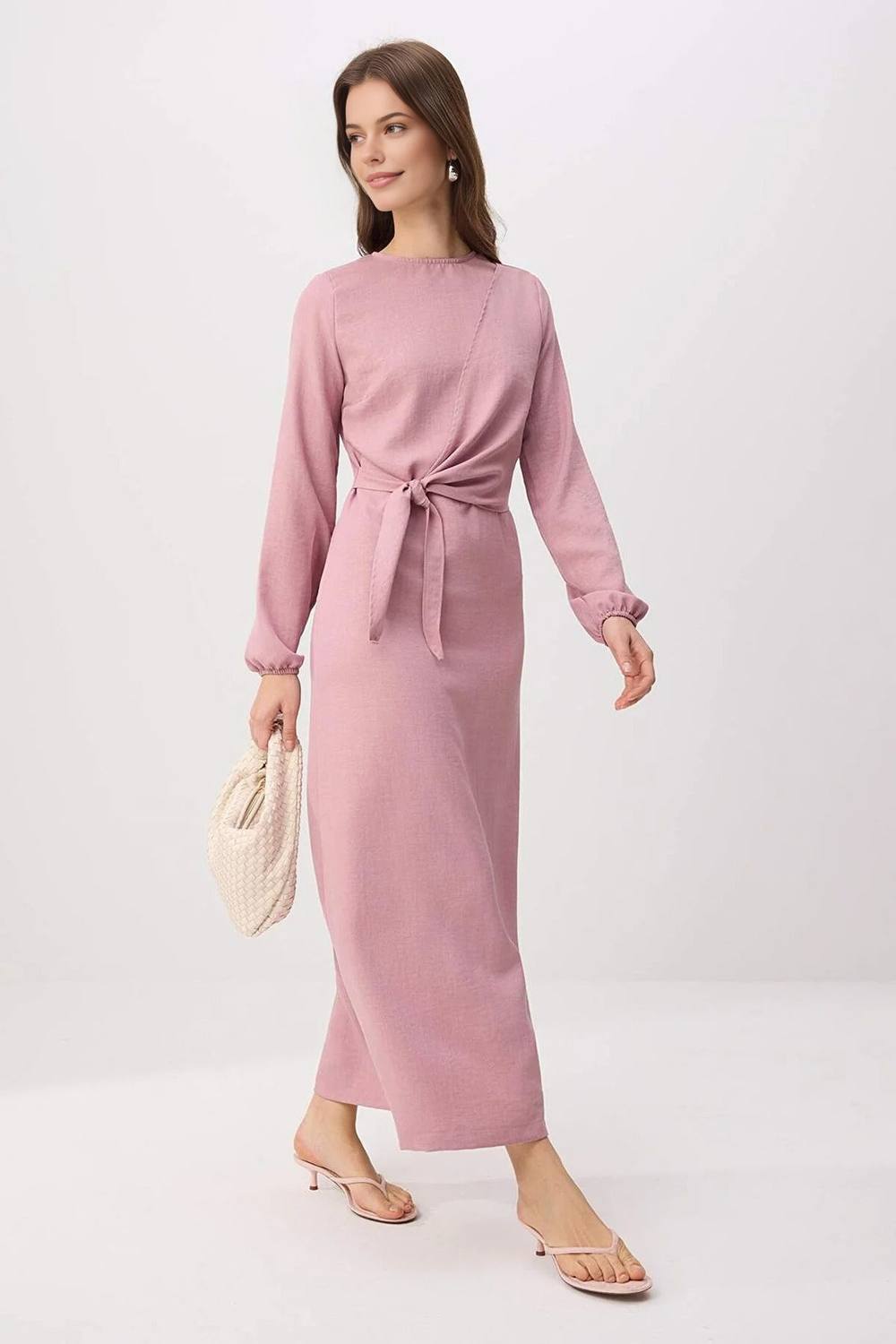 Hoxton Gal Linen Look Long Sleeve Maxi Dress With Waist Tie Detail In Lilac