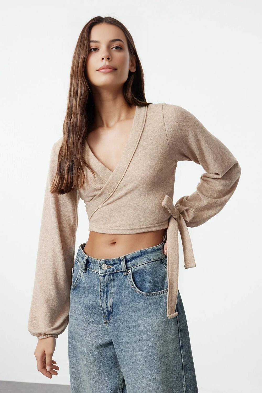 Wovcor Wrap Tie Side Long Sleeve Knitted Blouse Top In Beige