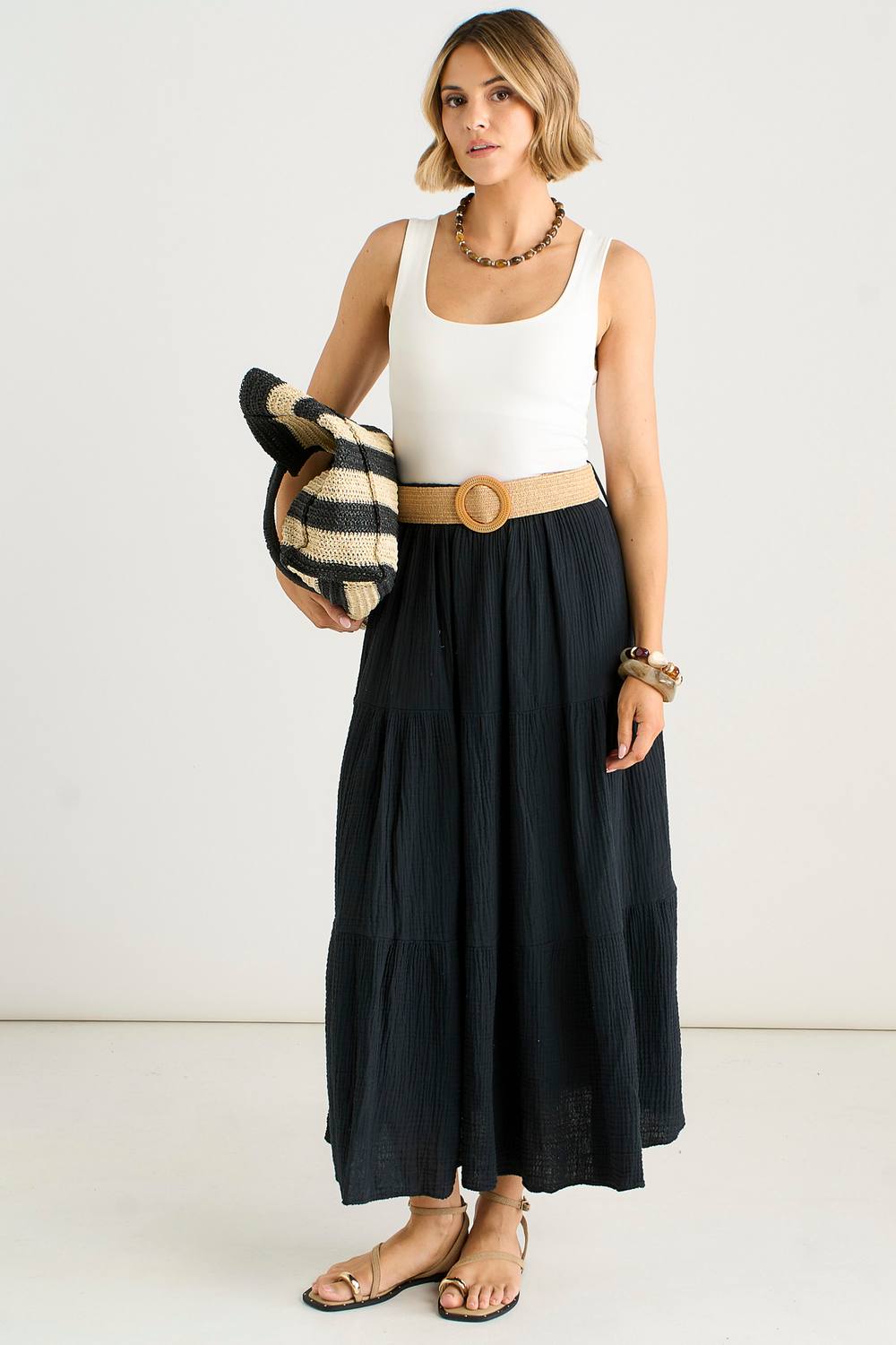 Gini London Black Cotton Seersucker Belted Midaxi Skirt