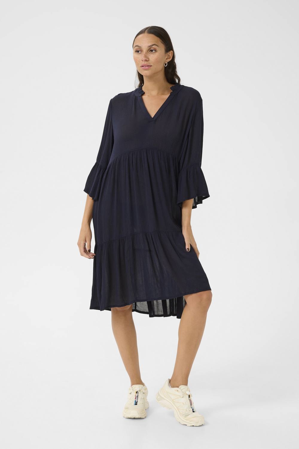 Kaffe Marianah Tiered Knee-Length Dress In Dark Navy