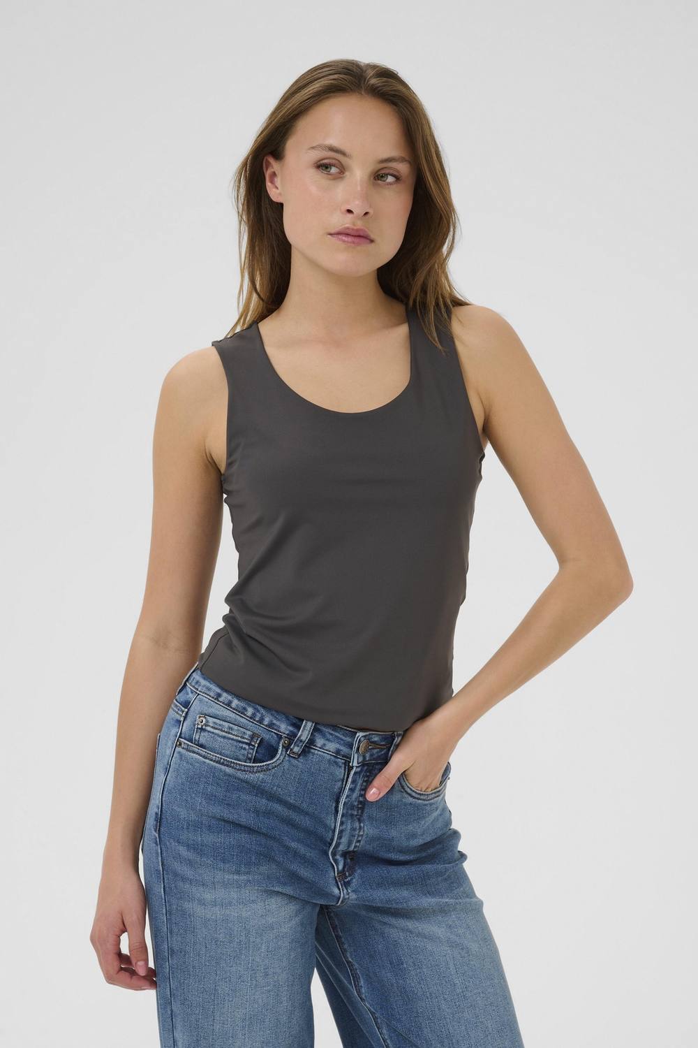 Kaffe Kaarina Jersey Round Neck Tank Top In Dark Grey