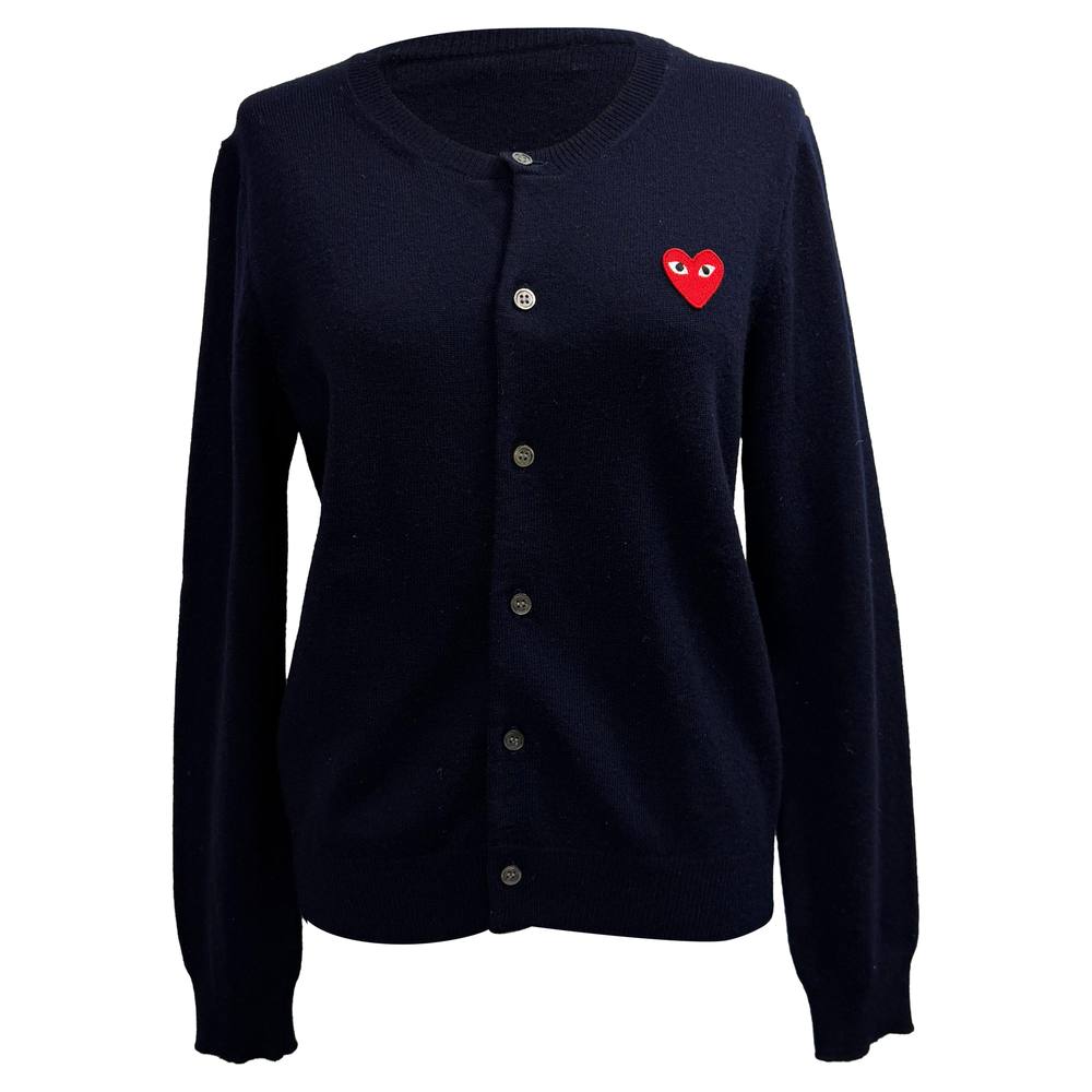 Comme Des Garcons Women's Preloved Play Heart Logo-Patch Cardigan Sweater in Navy Blue Wool