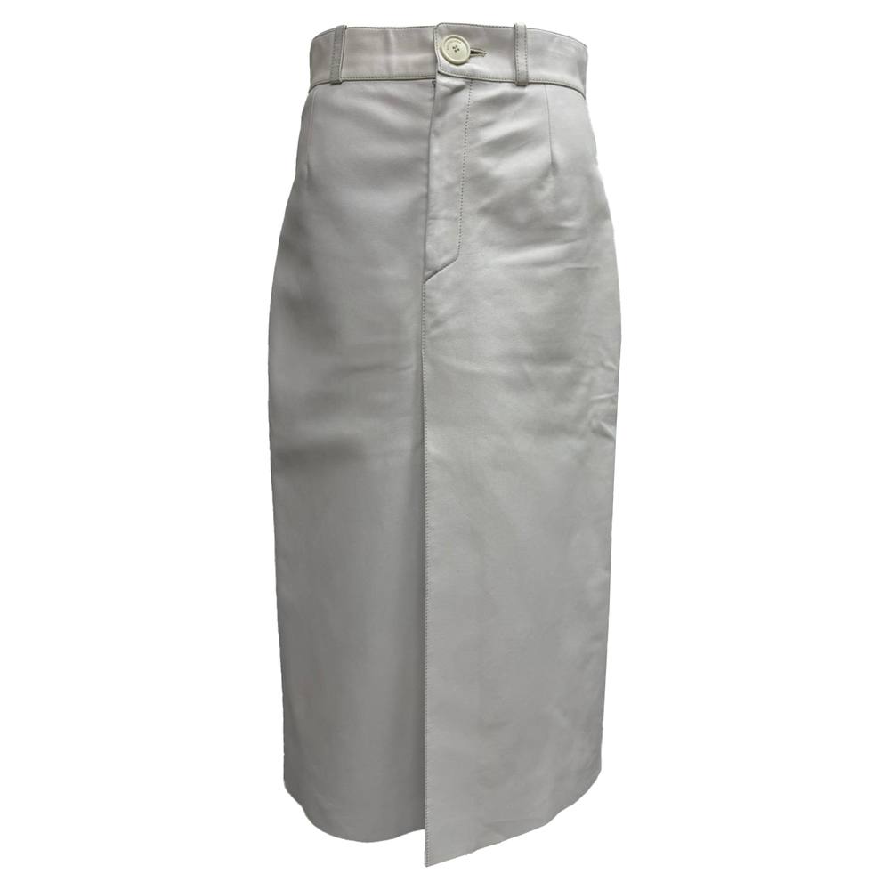 Balenciaga Women's Preloved High-Rise Midi Skirt in White Lamb Leather