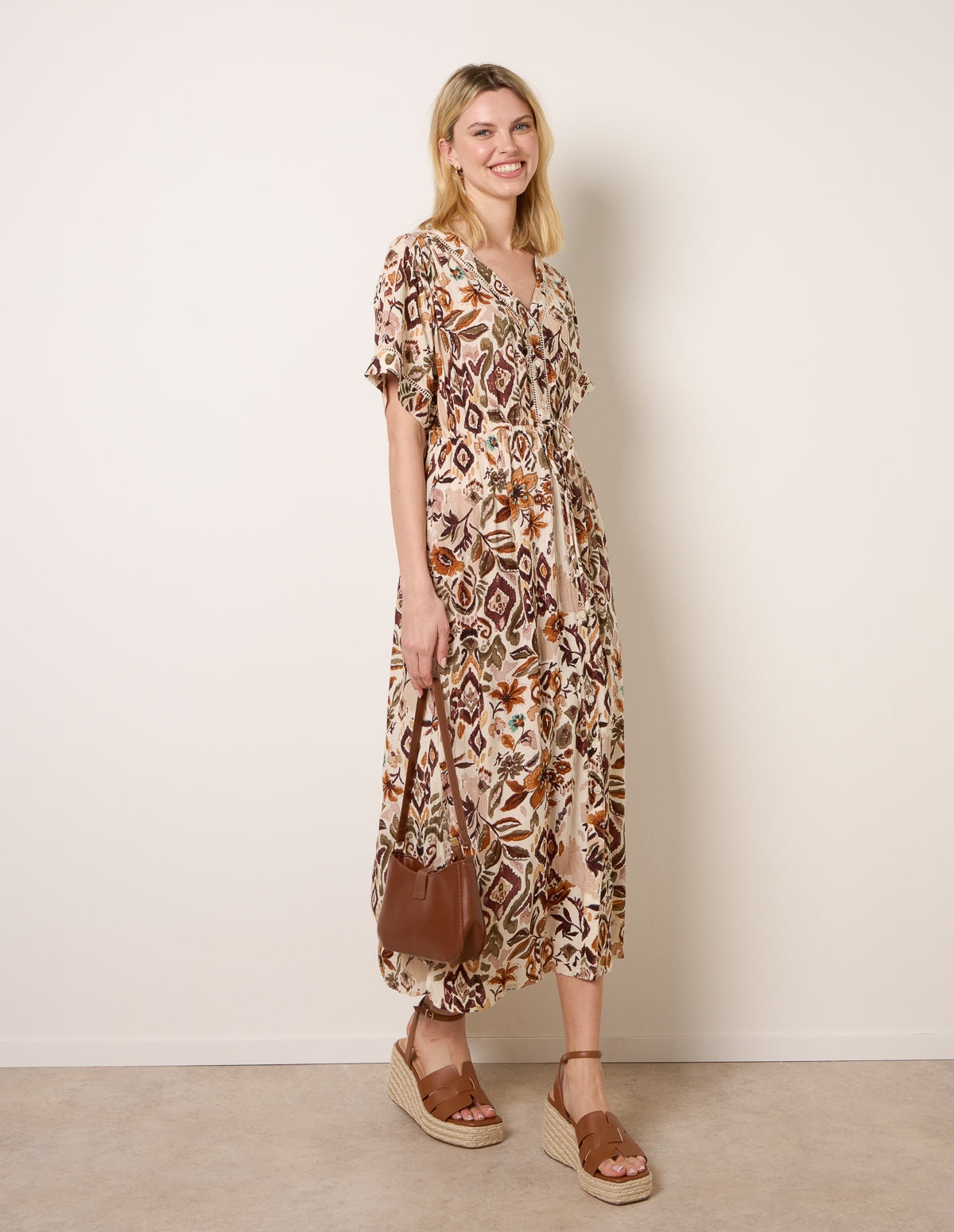 Printed Drawstring Waist Midi Dress - L BROWN PATTERN