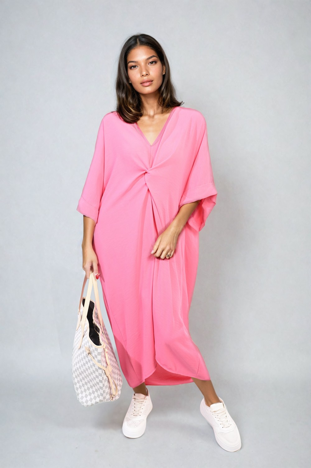 Twist Front Plunge Neckline Relaxed Fit Midi Dress - ML FCHIA