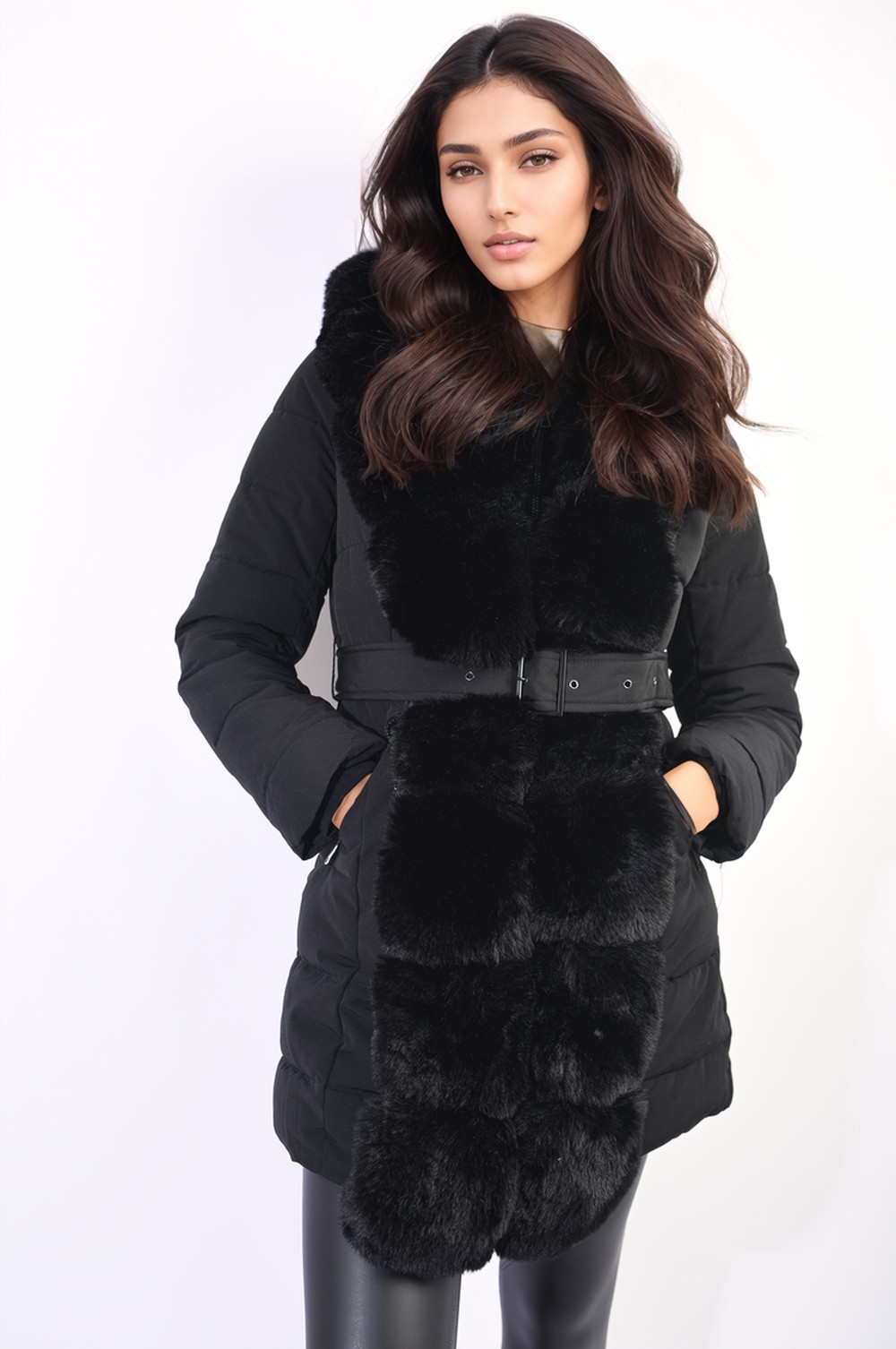 Padded Faux Fur Trim Longline Coat - X Black