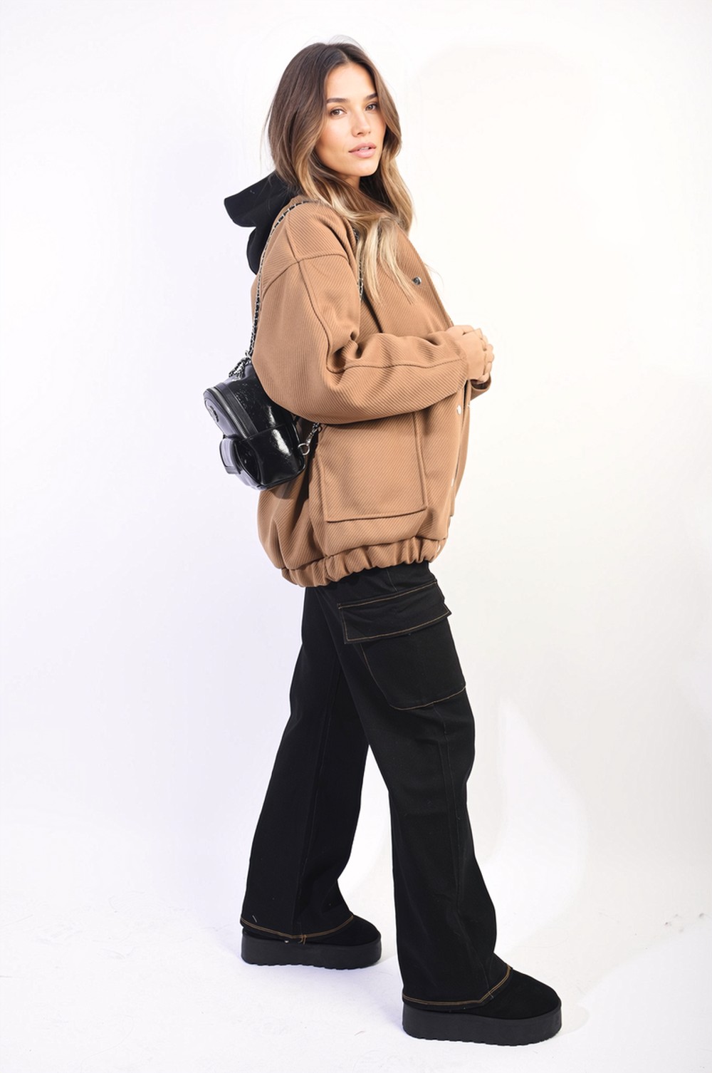 Zoey Drawstring Flap Pocket Wide Leg Cargo Jeans - X Black