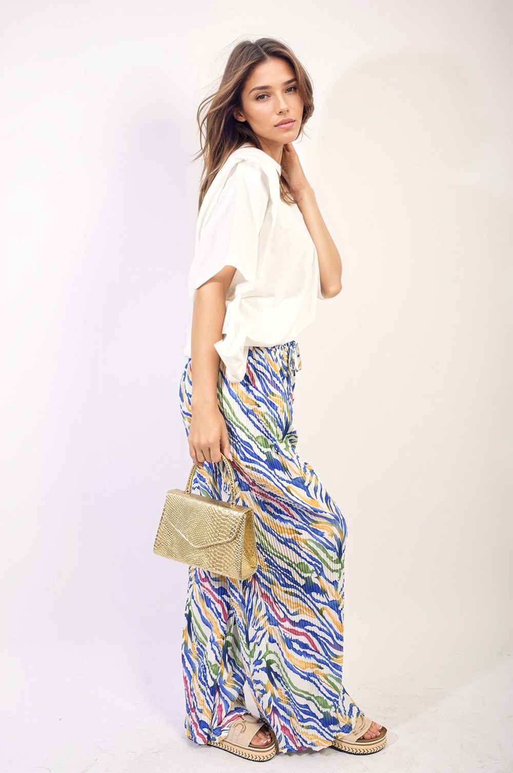 Pleated Wide Leg and Elastic Waist Trousers - Stylish, Comfortable, and Versatile! - L Blue