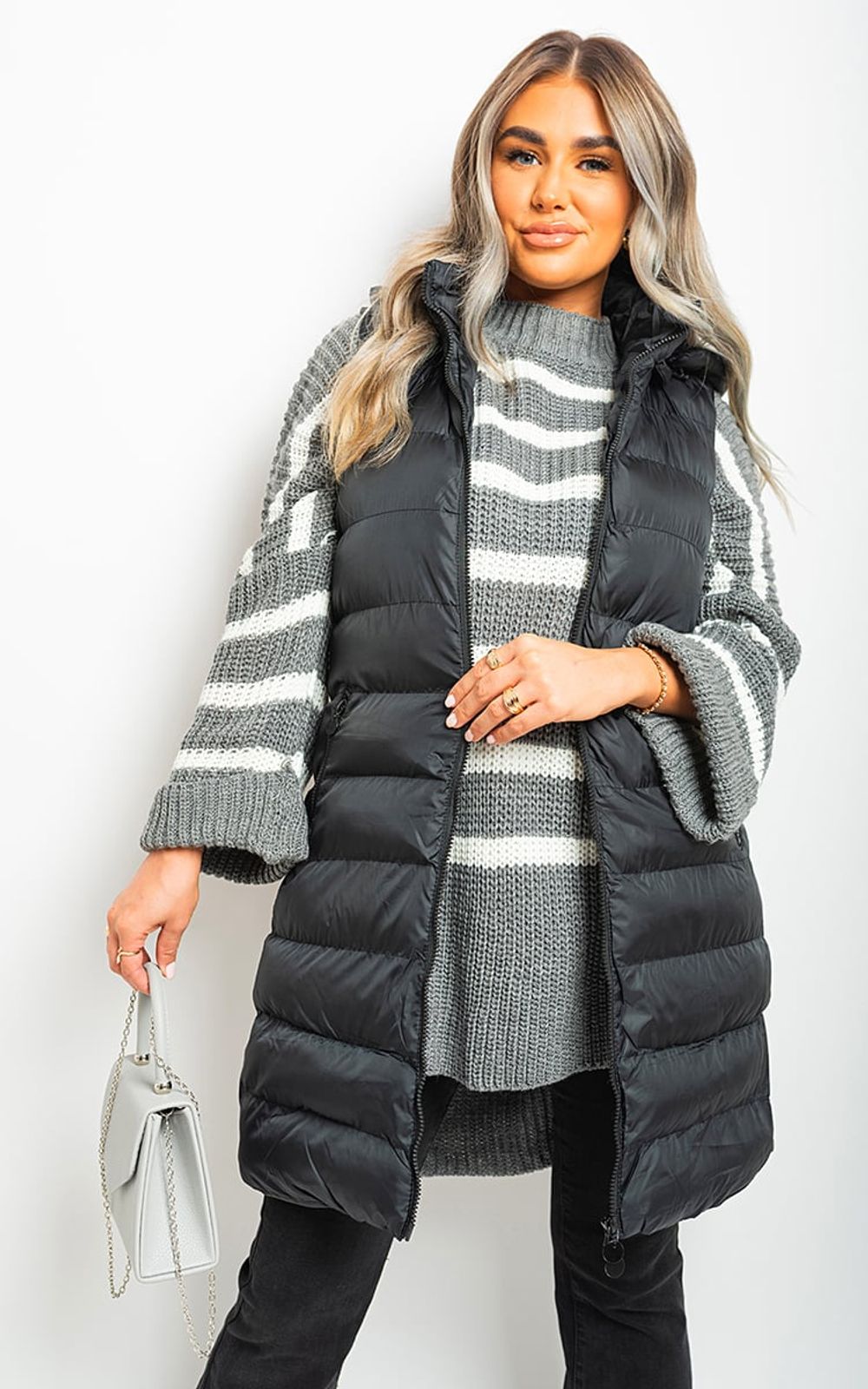 Hooded Longline Quilted Gilet - S Black