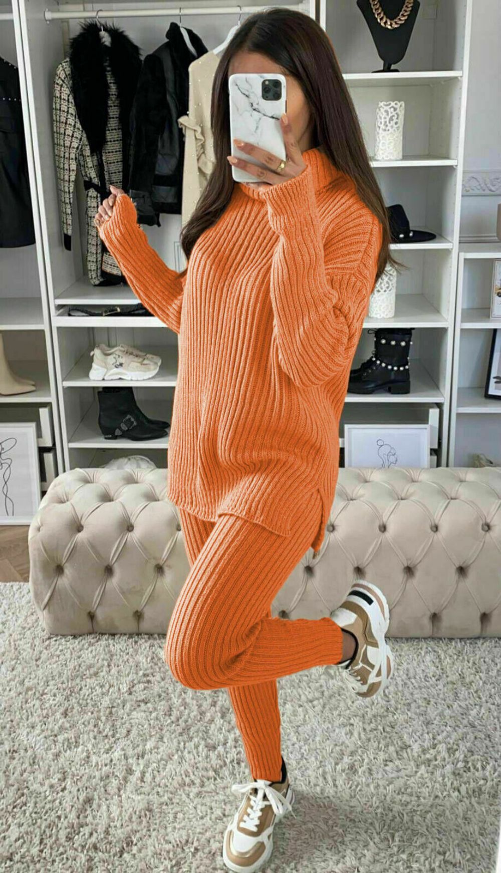 Ladies Chunky Knitted Ribbed Polo High Neck Top Leggings Loungewear Suit Set - One Size - Orange
