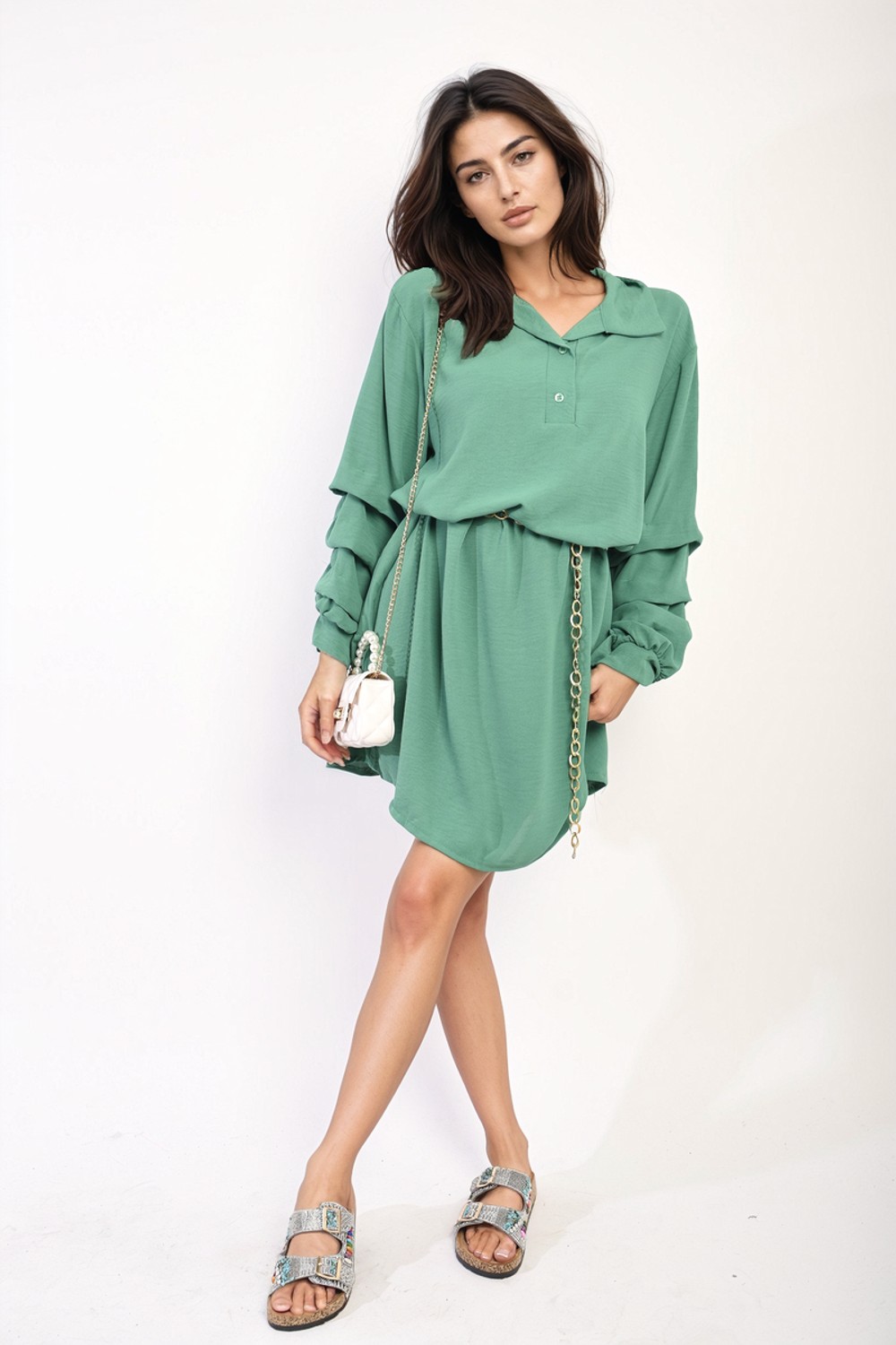 Elegant Susana Ruffle Sleeve Dress - Button Front Blouse with Pockets - SM Green