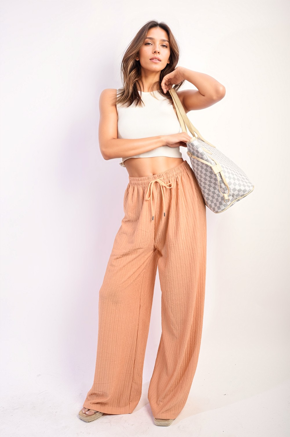Carla Textured Wide Leg Drawstring Trousers - Stylish & Comfortable Pants for Women - L Orange