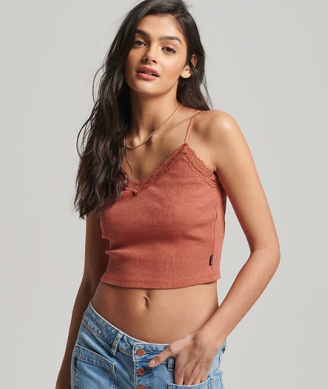 Superdry & Co Women's Rib Lace Trim Cami Top Orange Rust Orange - Size: SM