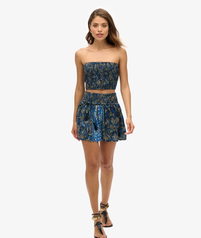 Superdry & Co Ladies Paisley Print St Tropez Mini Skirt, Navy Blue and White, Size: