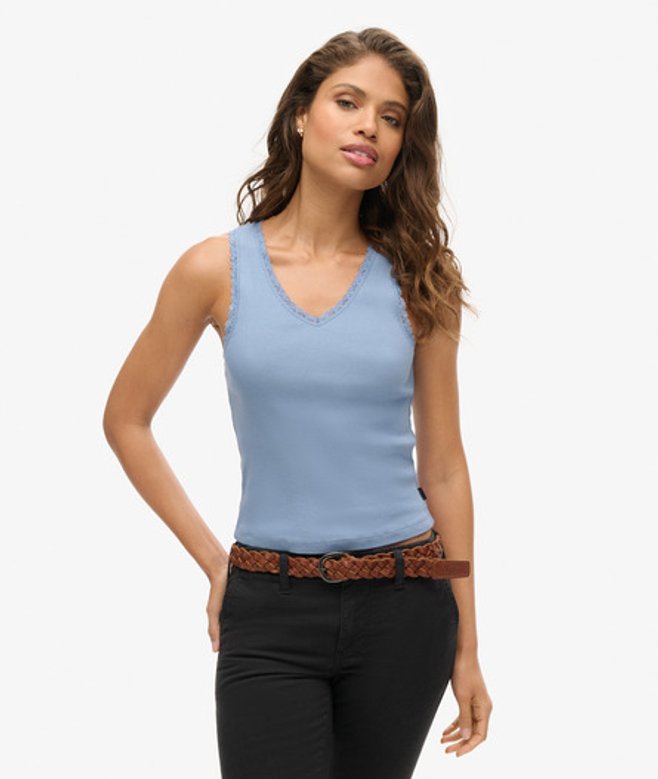 Superdry & Co Ladies Slim Fit Lace Trim Athletic Essentials Vest Top, Blue, Size: -