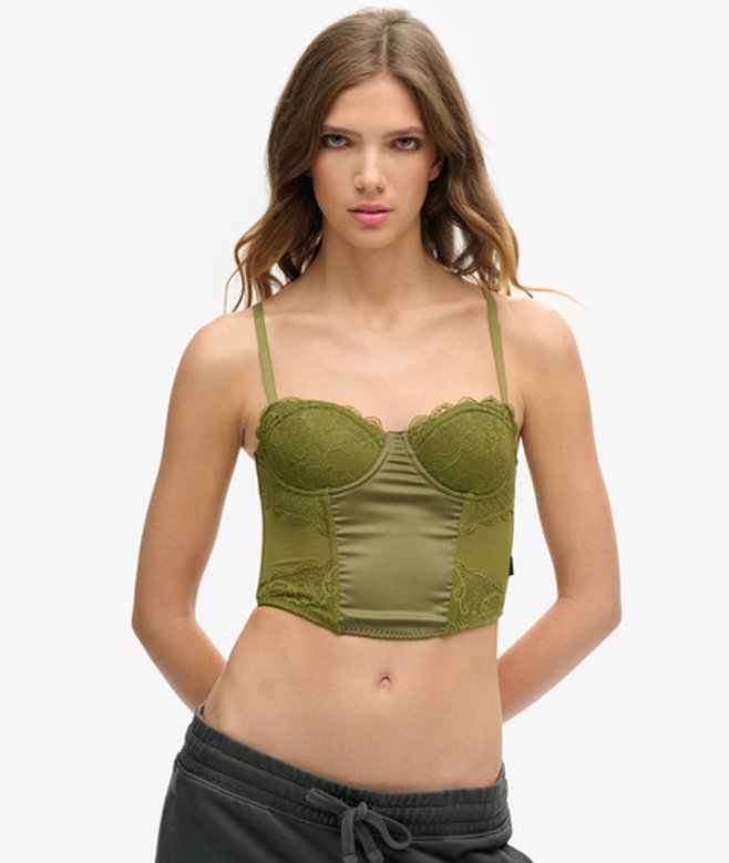 Superdry & Co Women's Classic Lace Satin Midi Corset Top, Khaki, Size: