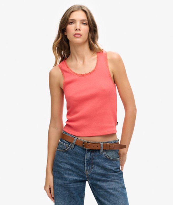 Superdry & Co Women's Organic Cotton Vintage Lace Trim Vest Top, Pink, Size: S