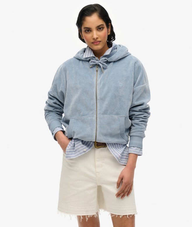 Superdry & Co Women's Velour Zip Hoodie Light Blue Tidal Blue - Size: