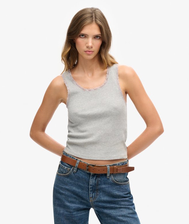 Superdry & Co Women's Athletic Essentials Vintage Lace Trim Vest Top Grey Grey Marl - Size: SM