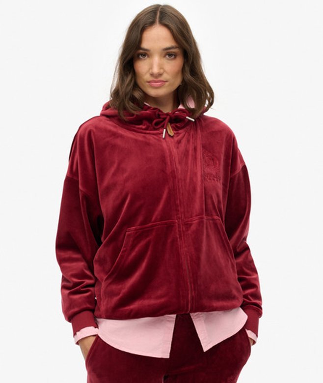 Superdry & Co Women's Country Club Velour Zip Hoodie Red Stanton Red - Size: