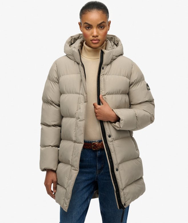 Superdry & Co Women's Hooded Sports Puffer Mid Length Jacket Beige Winter Twig Beige - Size: