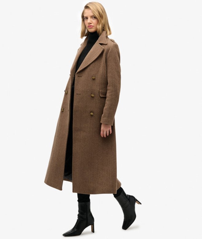 Superdry & Co Women's Double Breasted Wool Blend Coat Brown Camel Brown Herringbone - Size:
