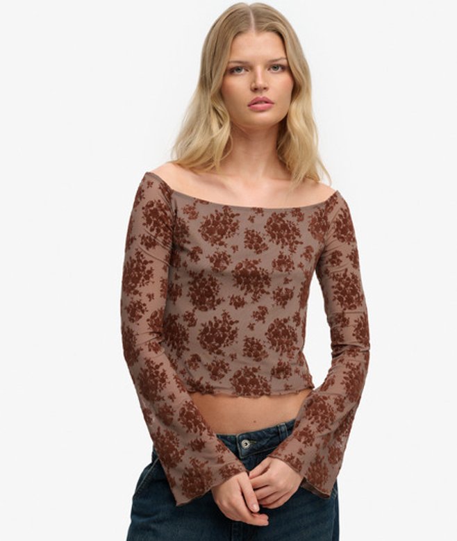 Superdry & Co Women's Flocked Mesh Long Sleeve Top Brown Sparrow Brown - Size: